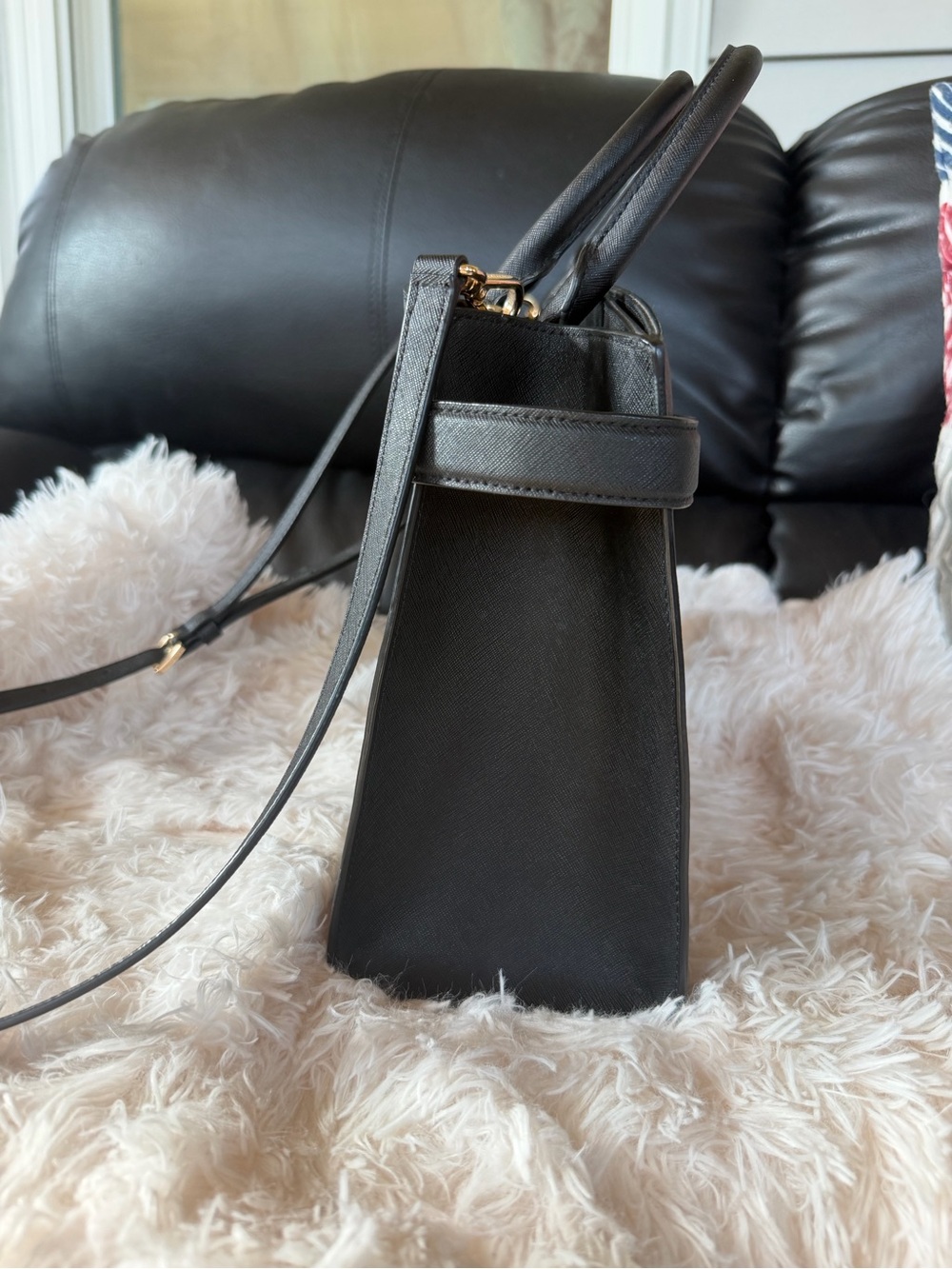 Michael Kors Black Leather Satchel with Gold Accents - Picture 4 of 10